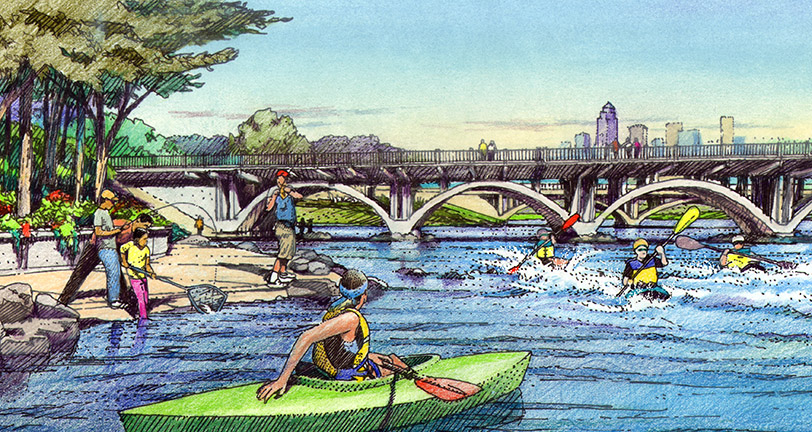 Concept drawing of fishing and kayaking at Scott Street