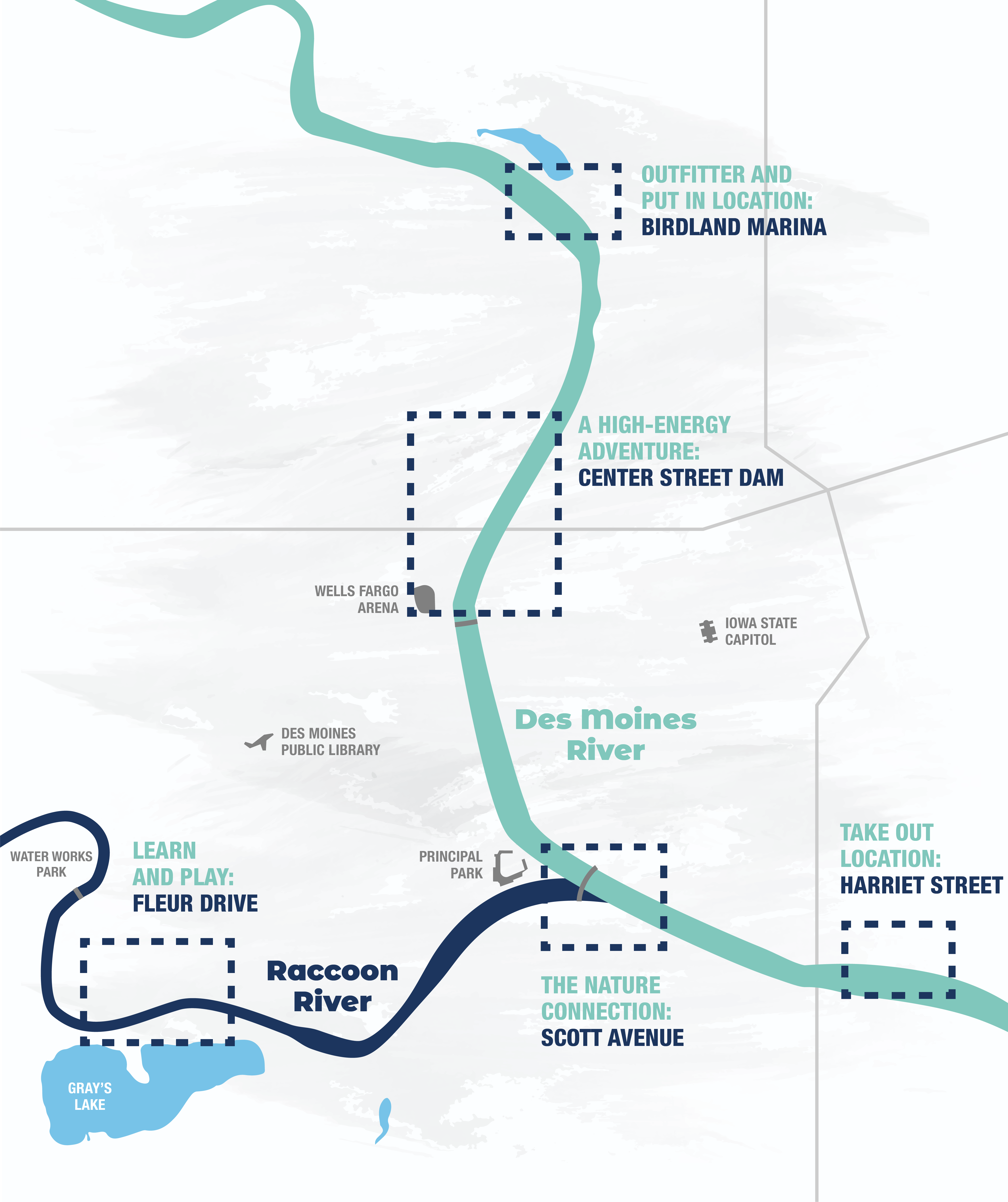 Downtown Des Moines map of water trails
