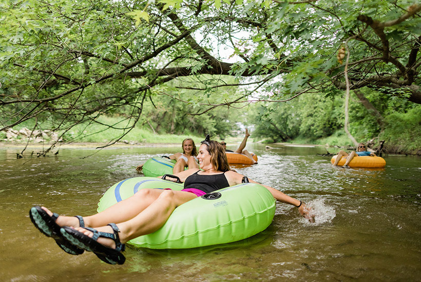 A group of women tubing down the river and passing under a low hanging branch