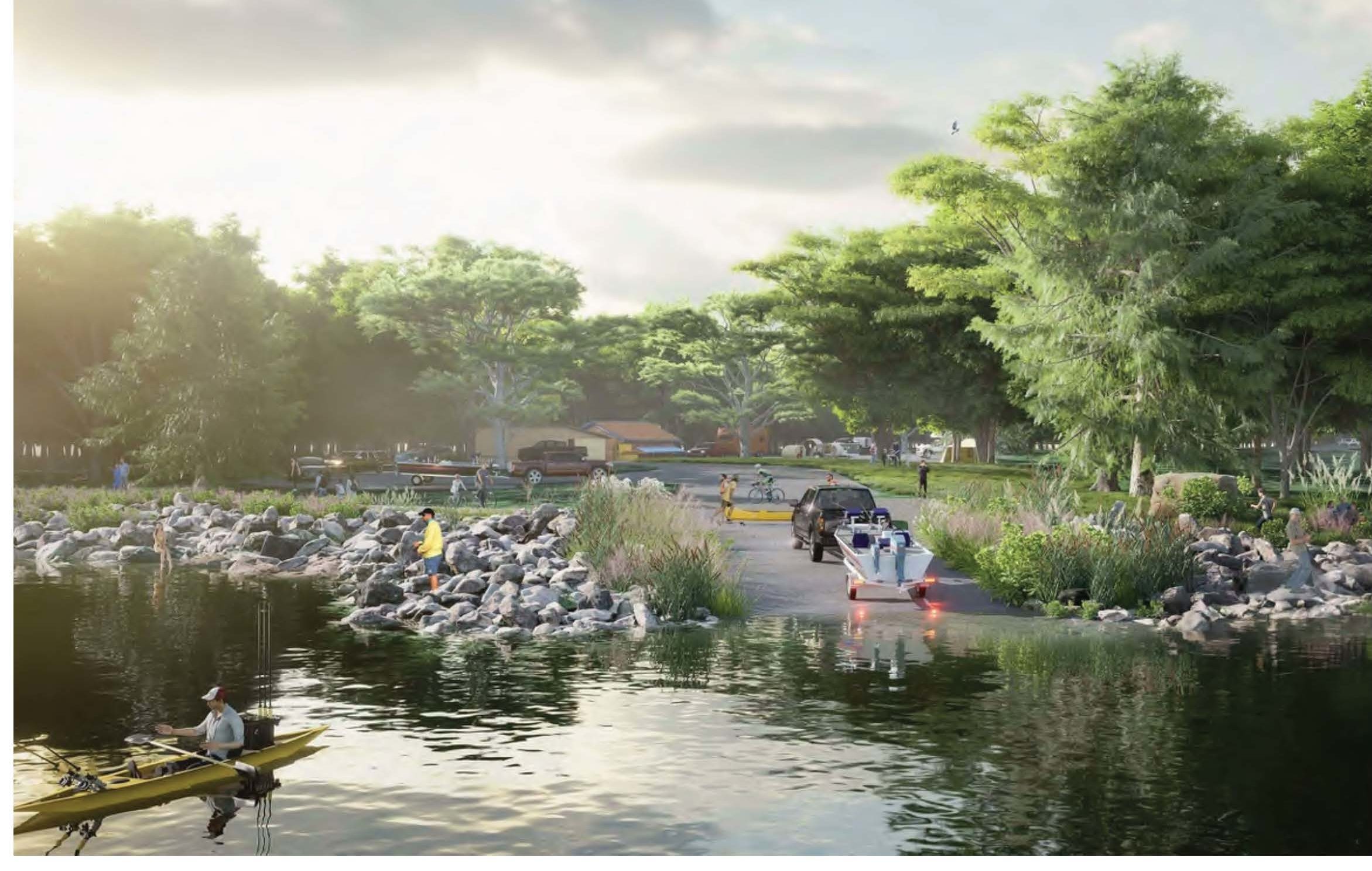 Graphic of a water trail with a boat launch