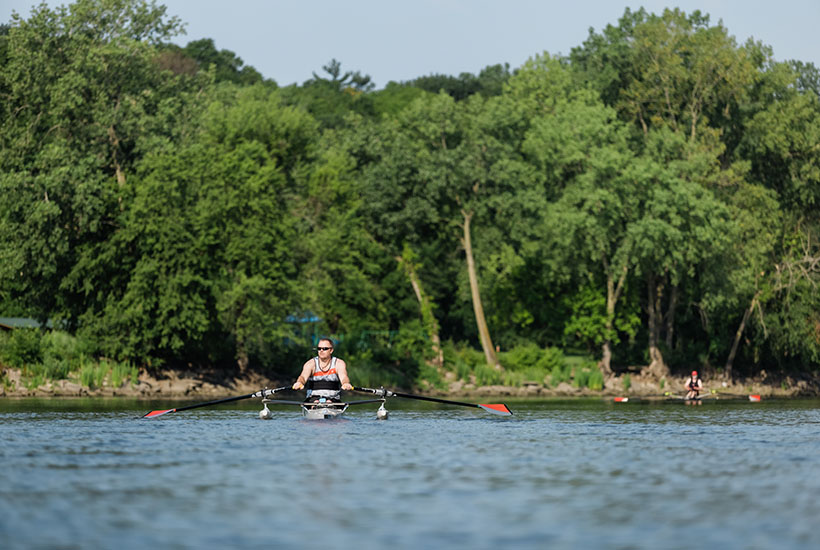 A group rowing on the Des Moines River