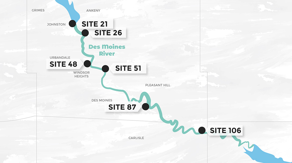 Close up map featuring multiple sites along the Des Moines River