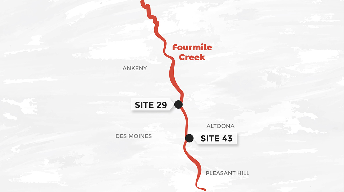 Close up map of Fourmile Creek featuring Sites 29 and 43
