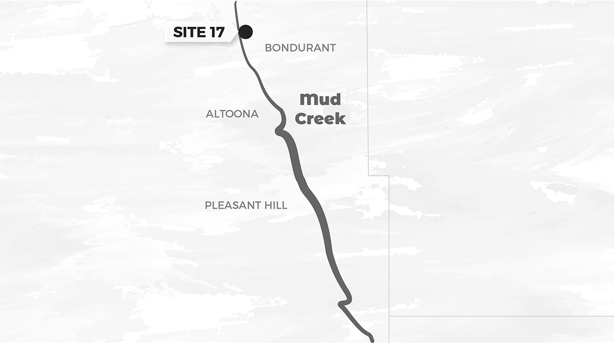 Close up map with site 17 pinned on Mud Creek