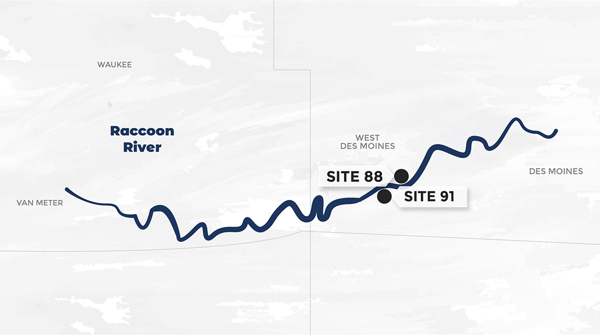 Close up map of the Raccoon River featuring sites 88 and 91