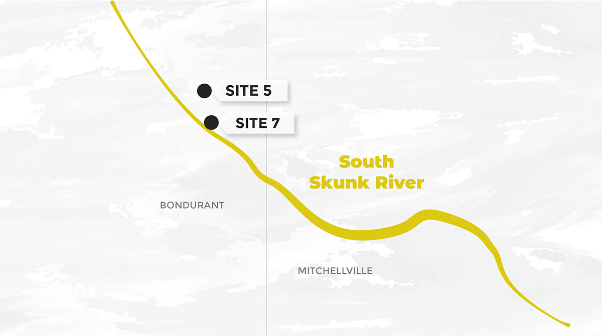 Close up map featuring 2 sites along the South Skunk River