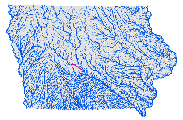 Map of all the streams in Iowa with one highlighted in pink near the center of the state