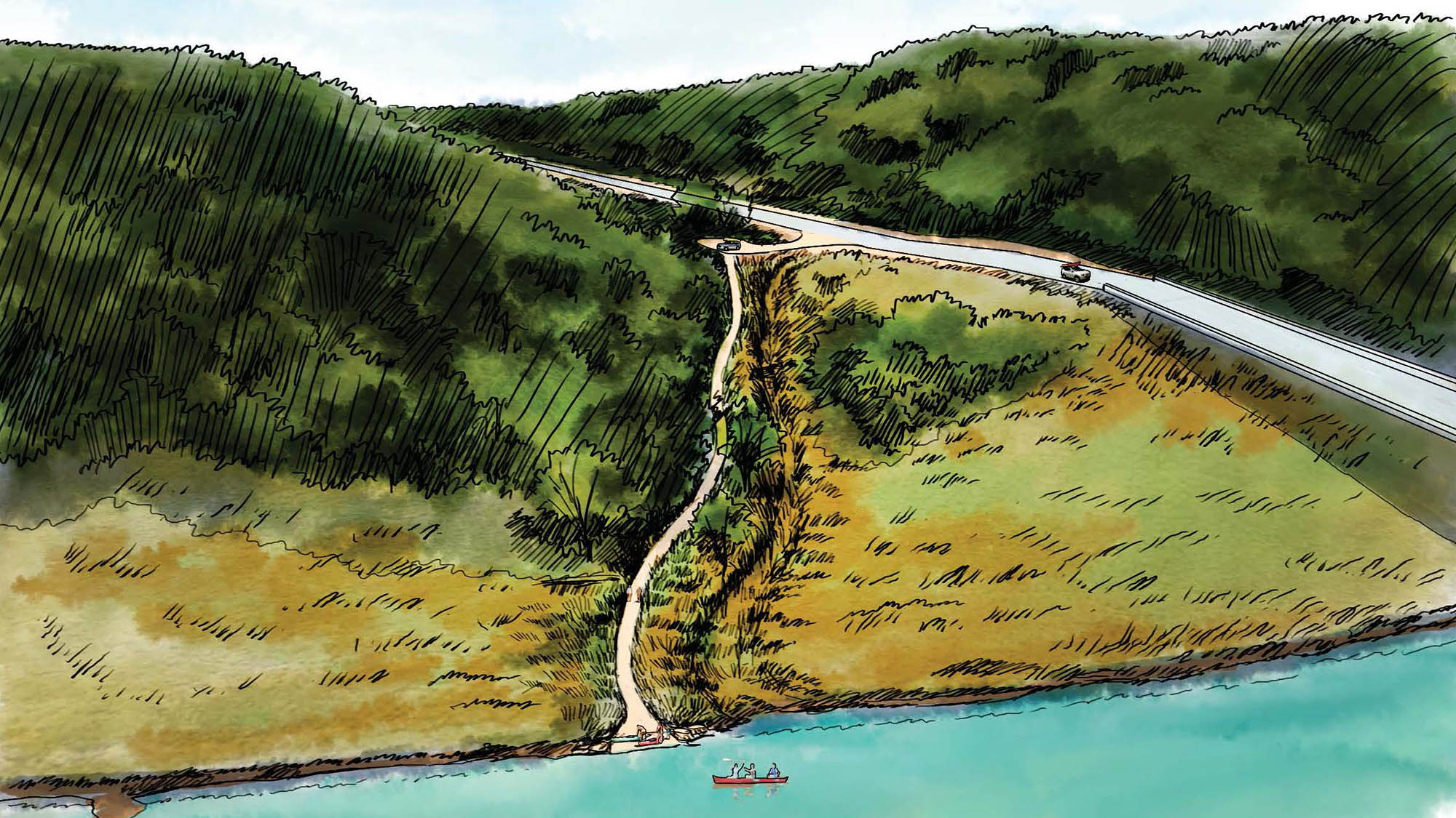 Concept sketch of site 04 with a small parking lot and a trail down to the water that you can launch a kayak or canoe from