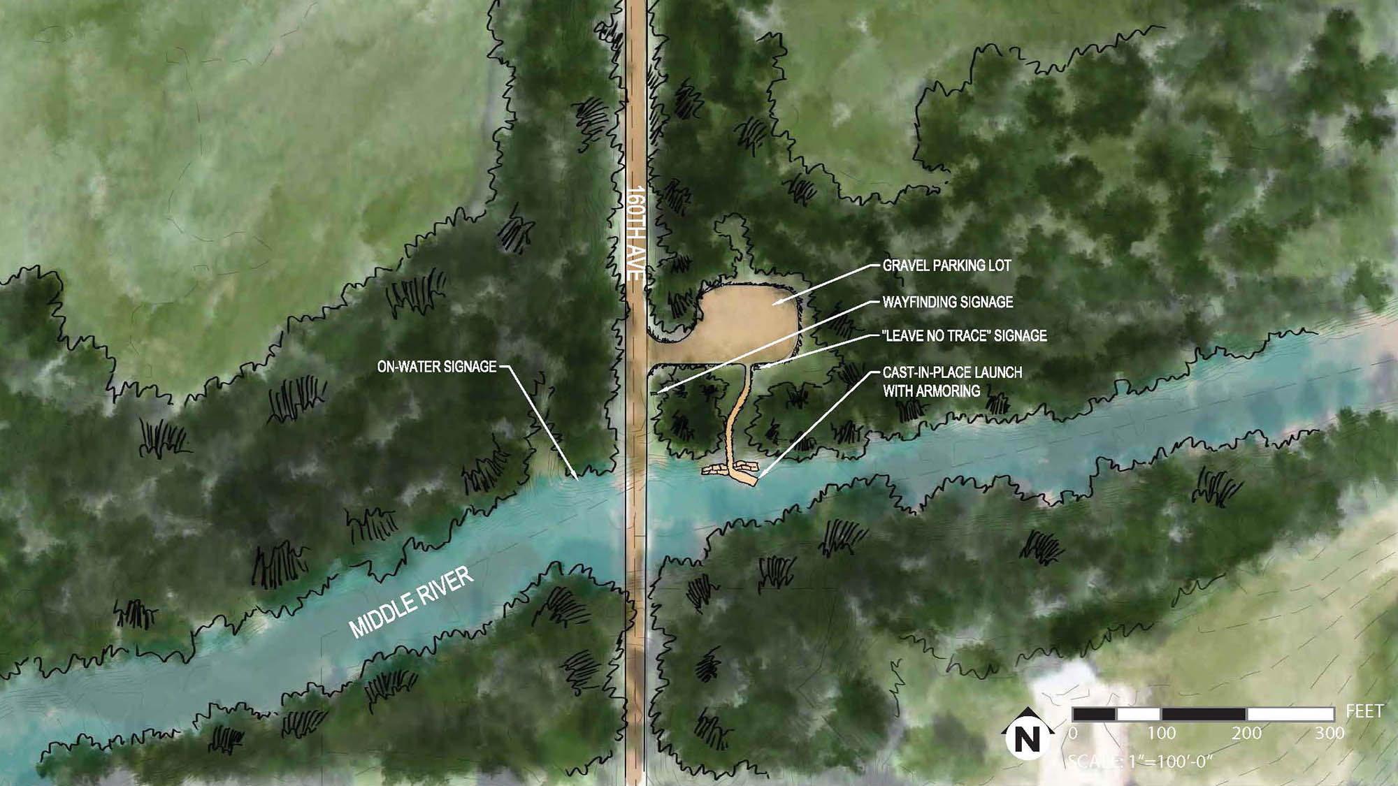 Concept sketch of site 112 just off 160th Ave along Middle River. The site has a gravel parking lot, wayfinding signage, Leave No Trace signage and a cast-in-place launch.