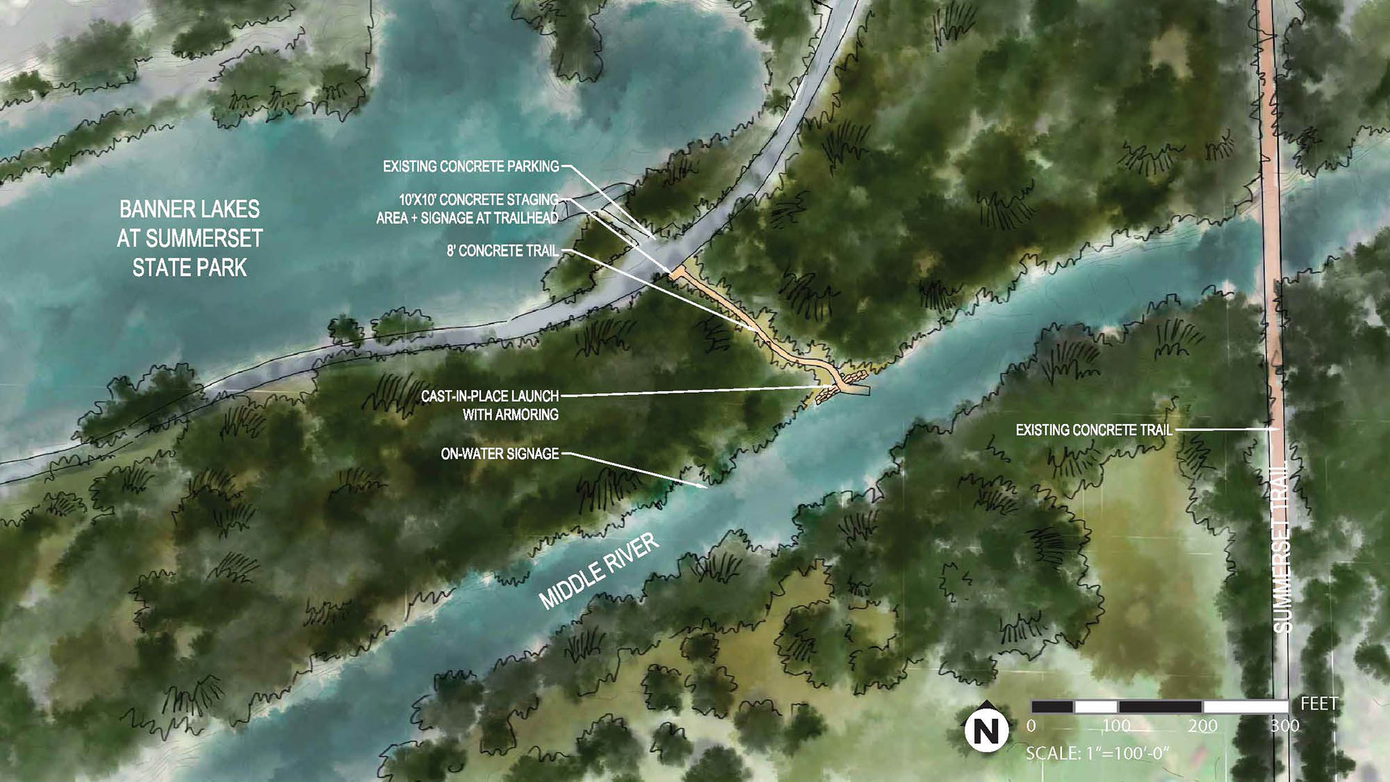 Concept sketch of site 117 along Middle River. The site features an existing concrete parking, 10'x10' concrete staging area and signage, 8' concrete trail, and a cast-in-place launch