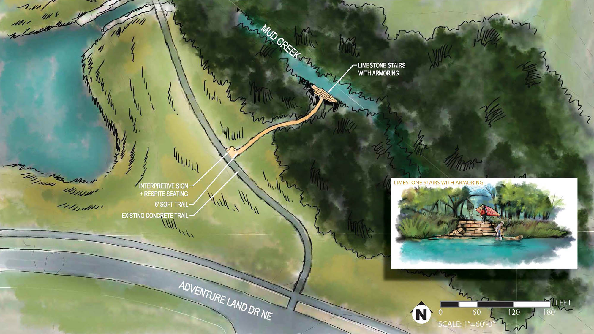 Concept sketch of a trail going down to the limestone stairs at site 28 along Mud Creek