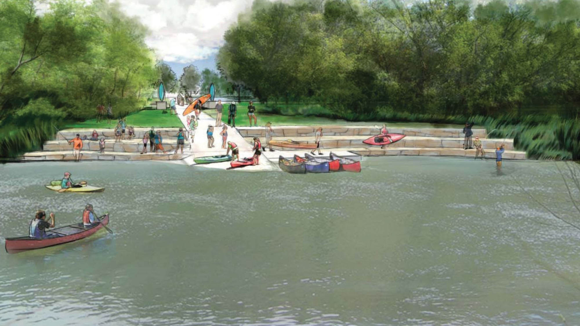 Concept sketch of site 36 with lots of people sitting on limestone steps and launching kayaks and canoes