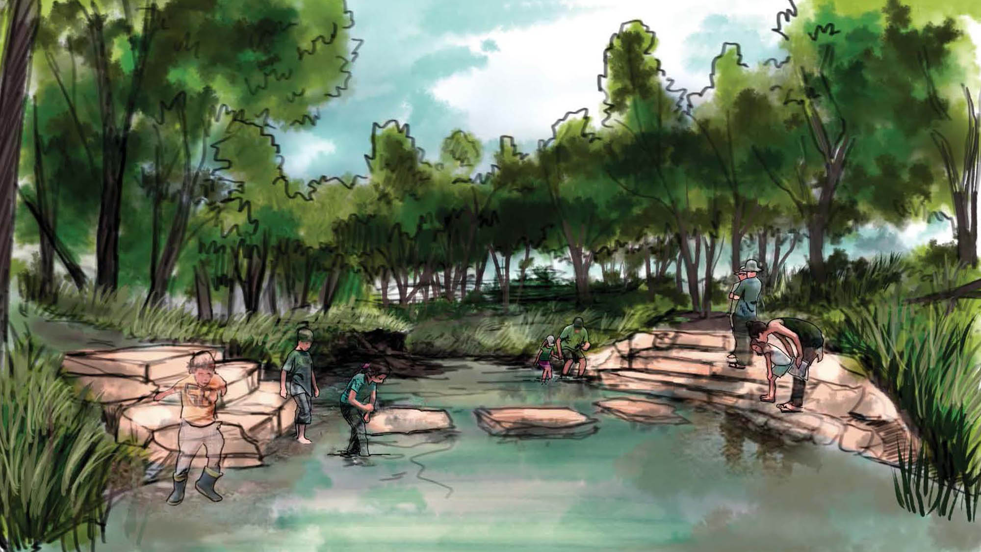 Concept sketch of limestone steps going down to the river with stepping stones across the water at site 42
