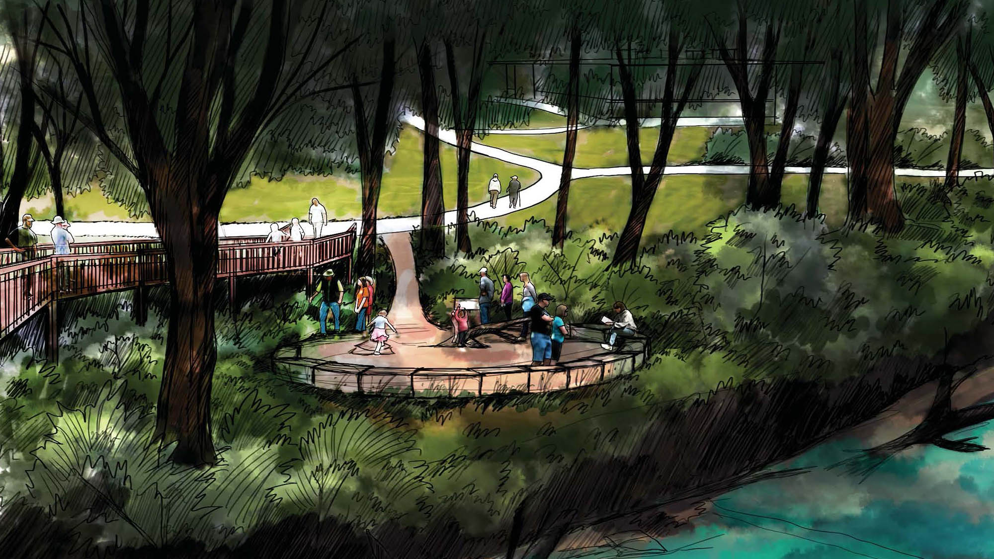 Concept sketch of a unique circle path feature overlooking the river on site 45