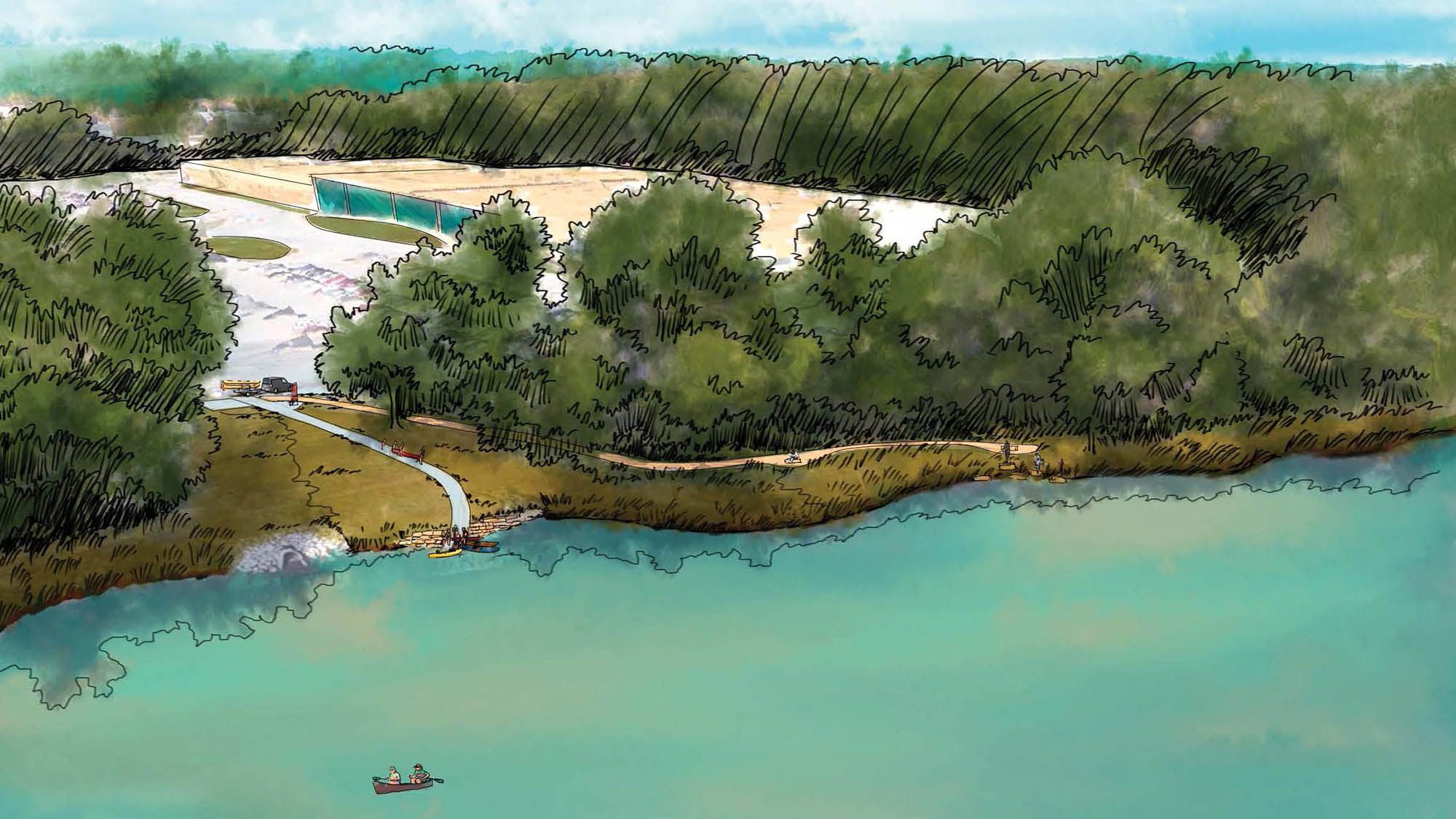 Concept sketch of a a trail to carry a kayak down to the rivers edge