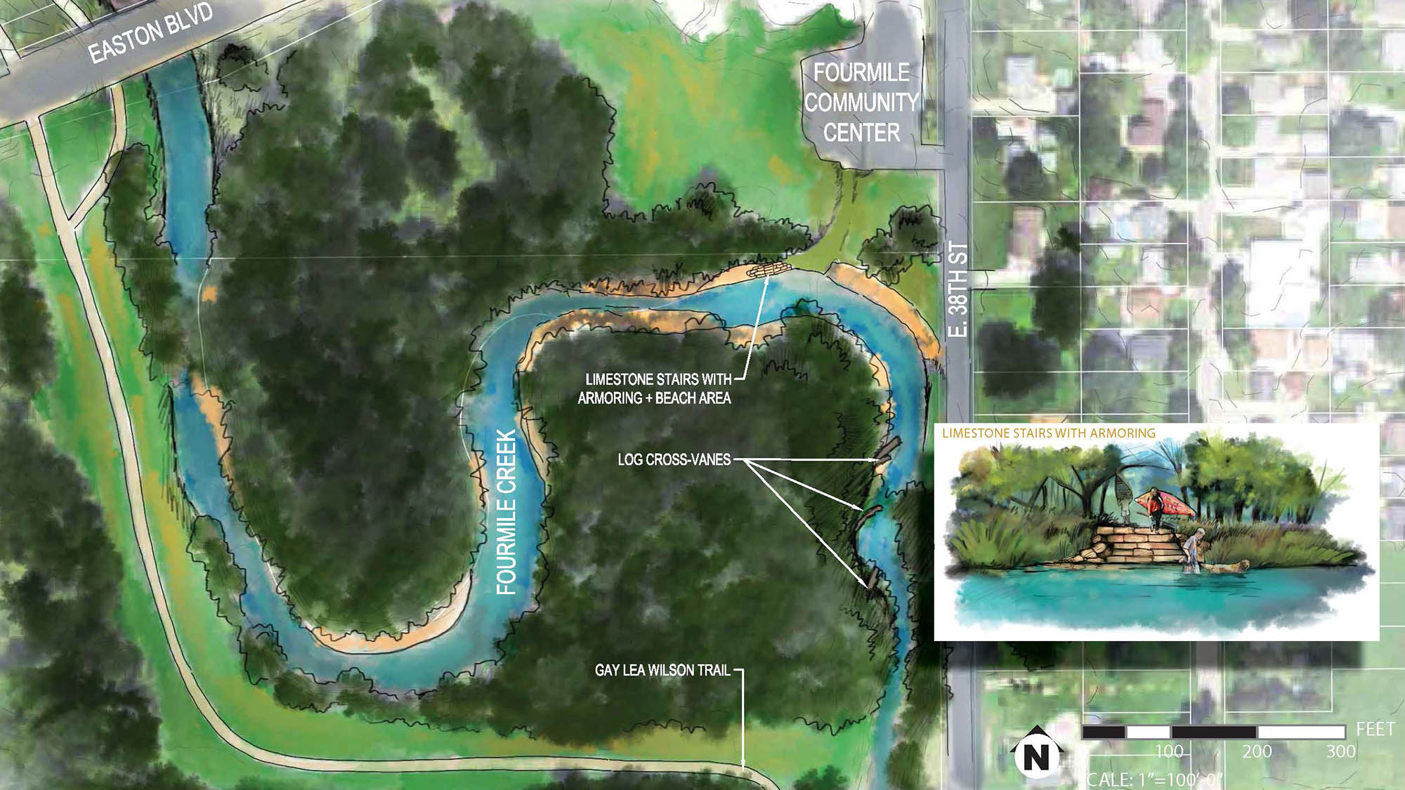 Concept sketch of site 50 near the Fourmile Community Center. The area along Fourmile Creek features limestone stairs and a beach area and log cross-vanes.