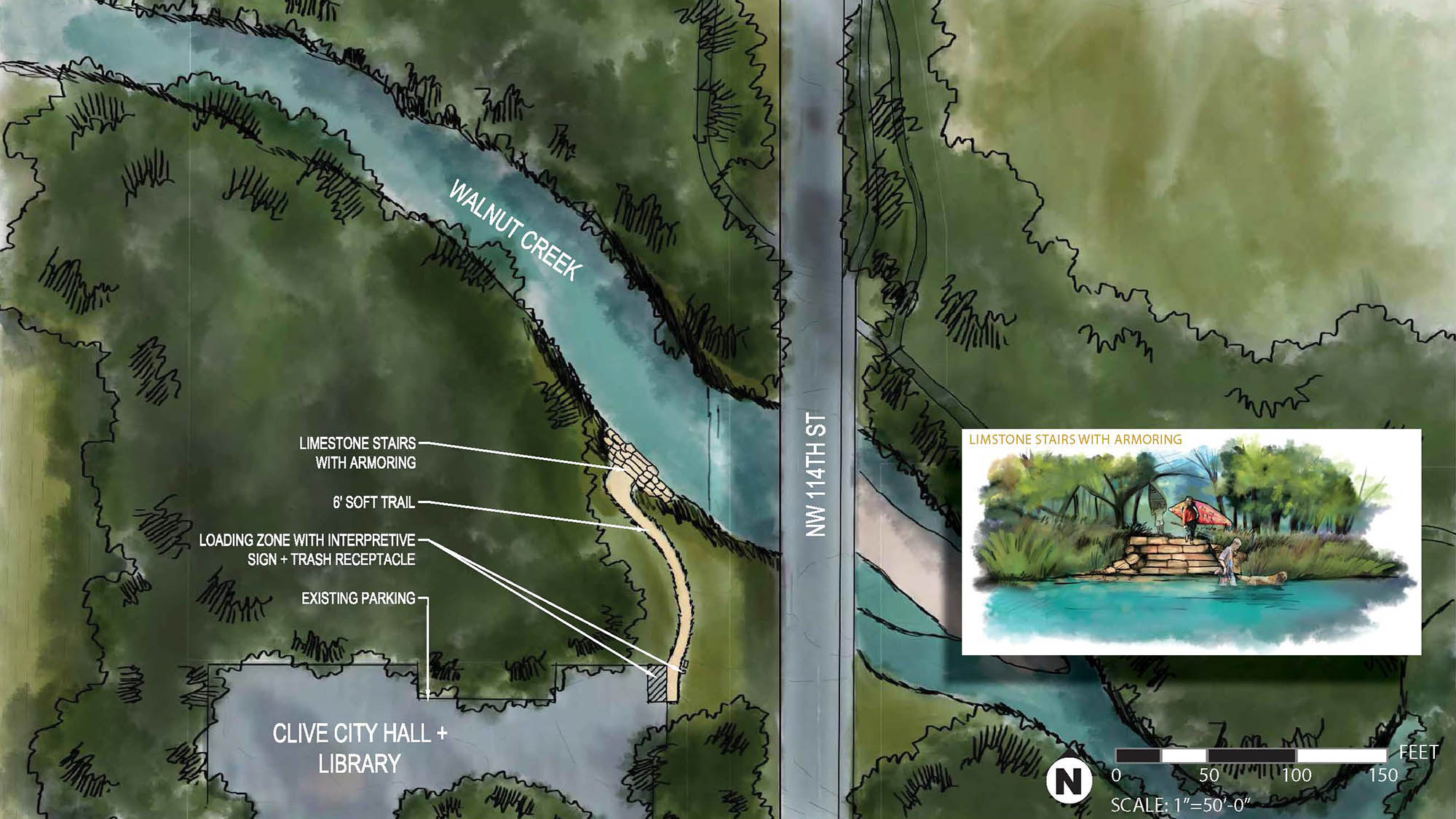 Concept sketch of site 53 on Walnut Creek featuring limestone stairs and a 6' soft trail near the Clive city hall and library