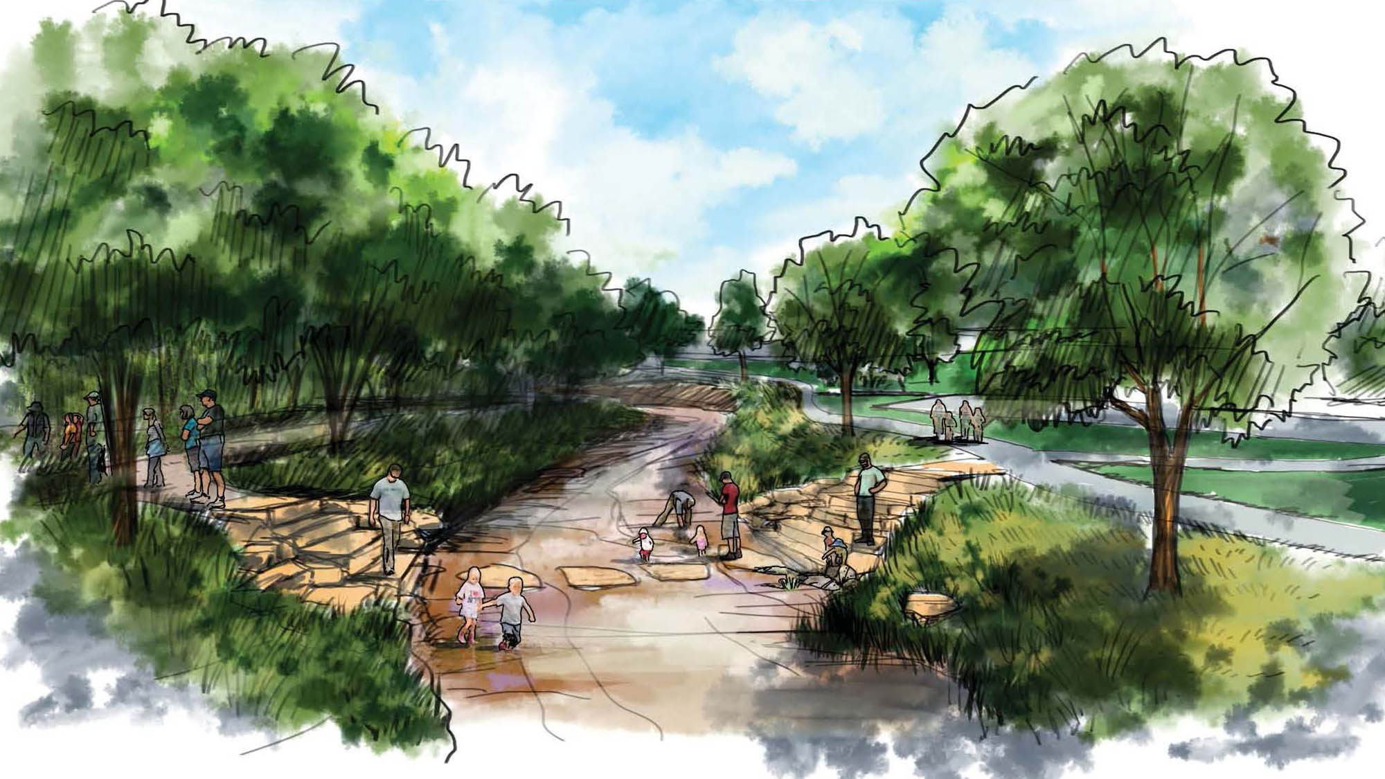 Concept sketch of young families using a rock step river crossing at site 55