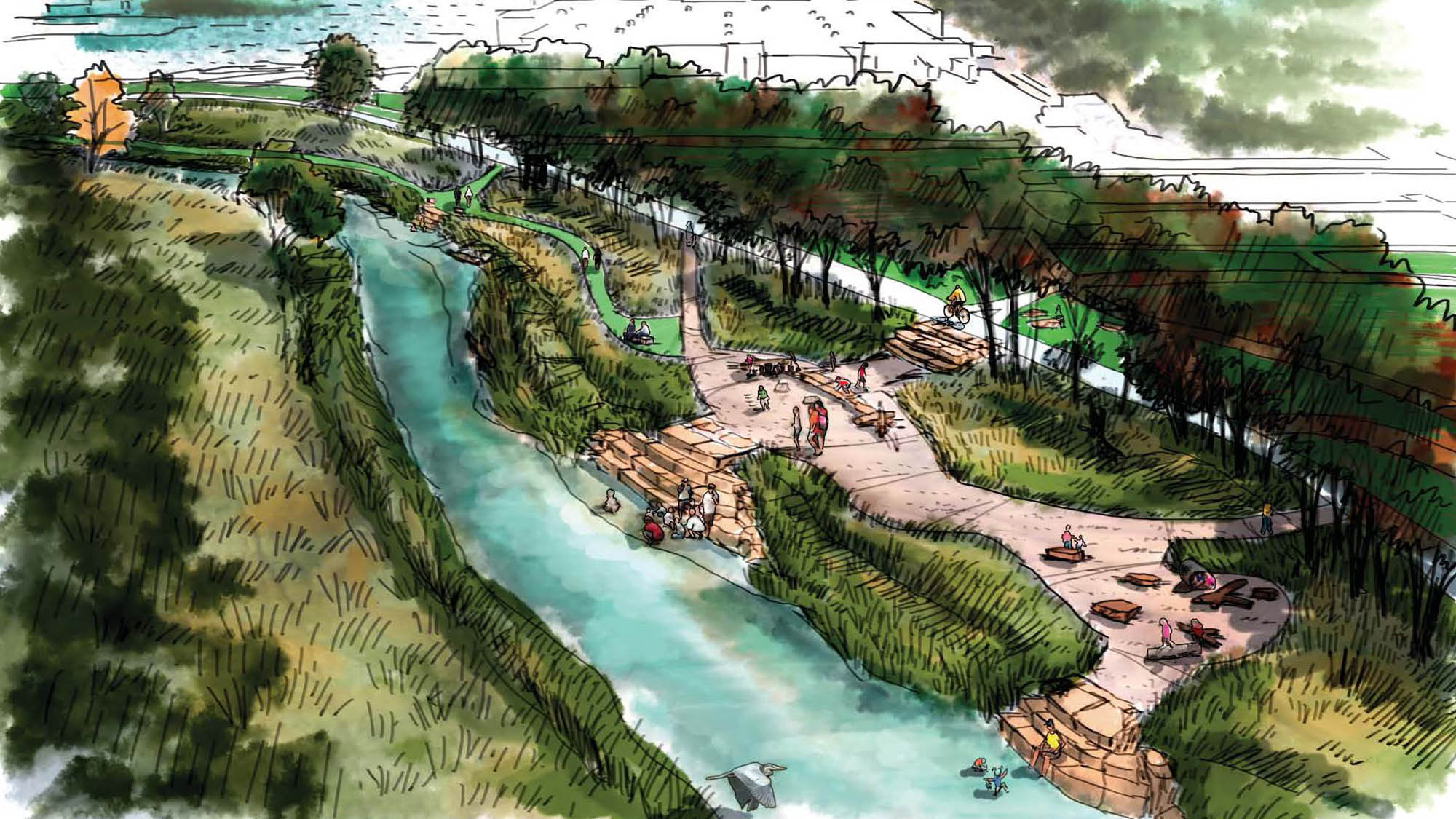 Concept sketch of people enjoying river access at site 57