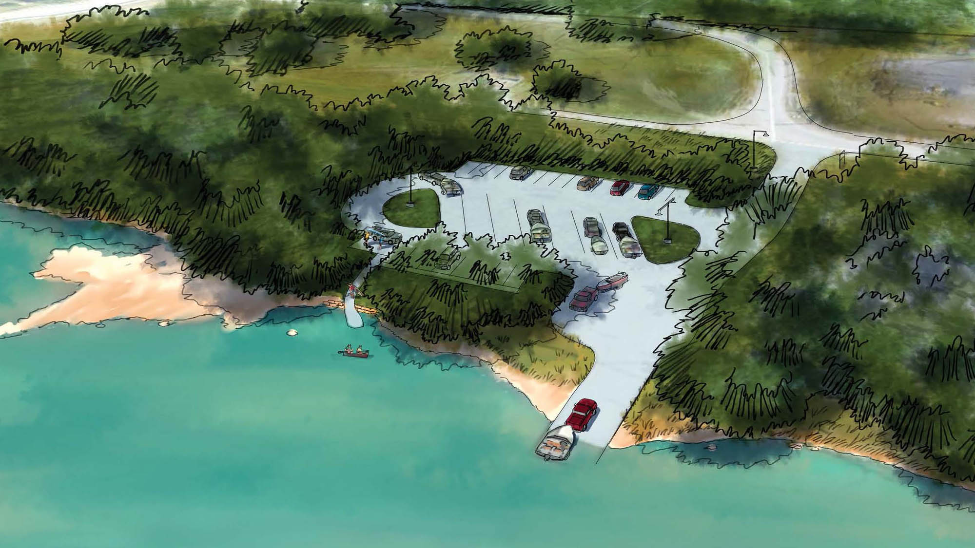 Concept sketch of site 64 with a large parking lot and a boat launch