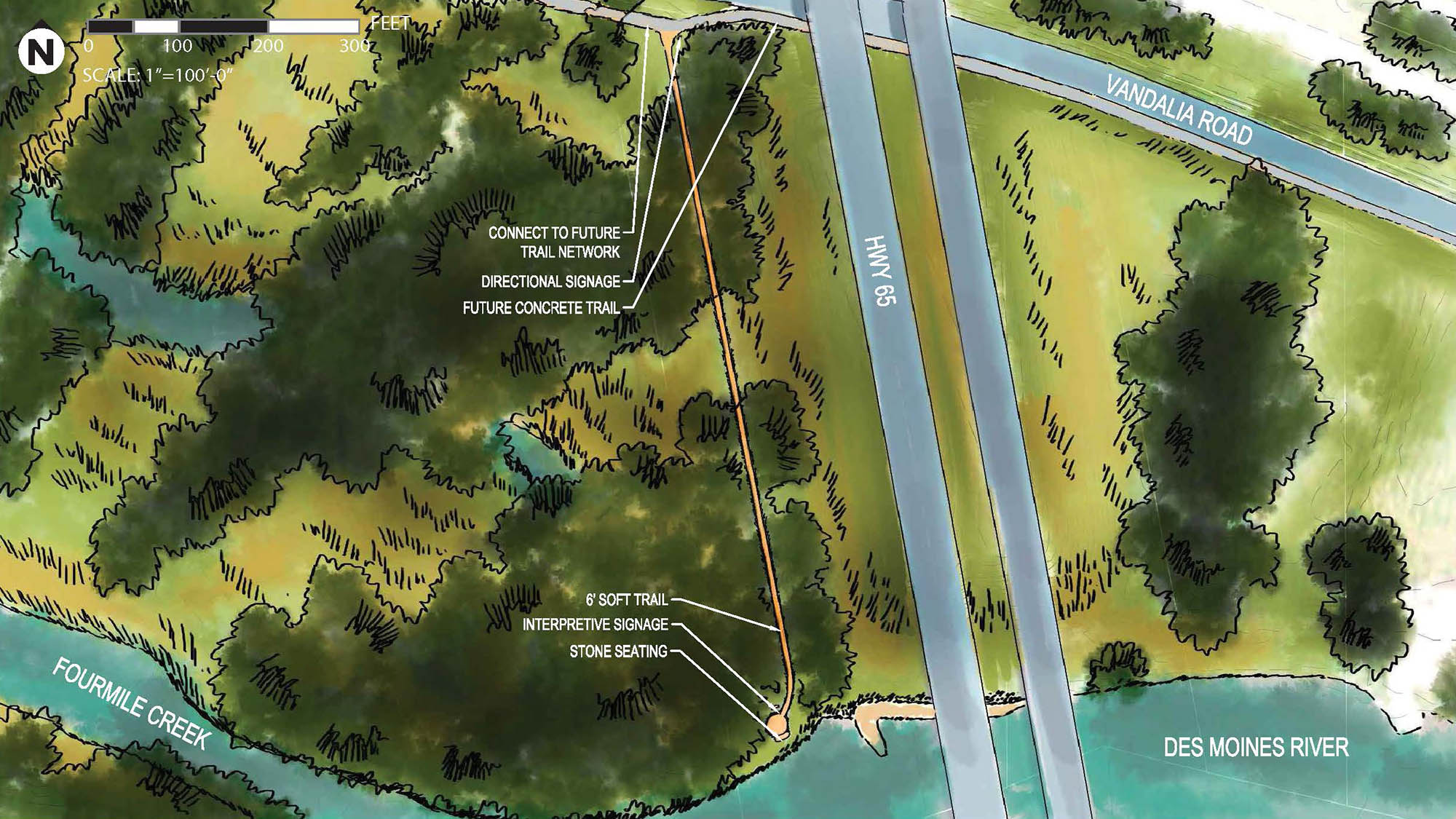 Concept sketch of site 75 along highway 65 and where Fourmile Creek runs in to Des Moines River. The site features directional signage, future concrete trail, 6' soft trail, and stone seating with the plan to connect it to the future trail network
