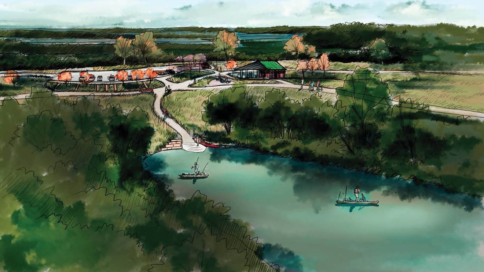 Concept sketch of a path from a trail leading down to a kayak launch at site 95