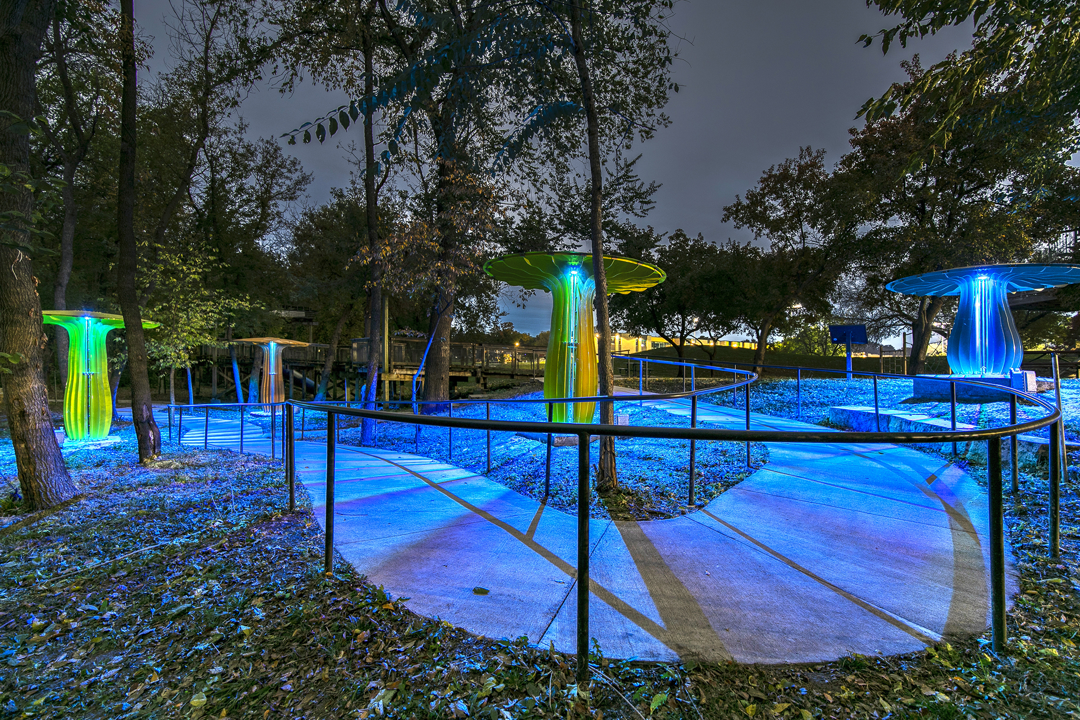 Night view of the park with the mushroom sculptures all lit up